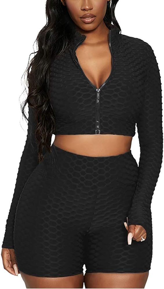 Workout 2 Piece Outfits for Women, Sport Long Sleeve Crop Tops and High Waist Bodycon Yoga Shorts... | Amazon (US)