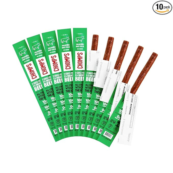 Chomps Grass-Fed and Finished Jalapeño Beef Jerky Snack Sticks 10-Pack - Keto, Paleo, Whole30, 1... | Amazon (US)