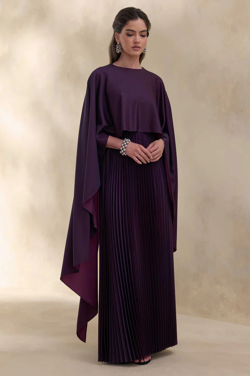 Loradia  Dark Plum Satin Round-Neck Maxi Dress With Cape-Sleeves And Pleated-Skirt | Club L London