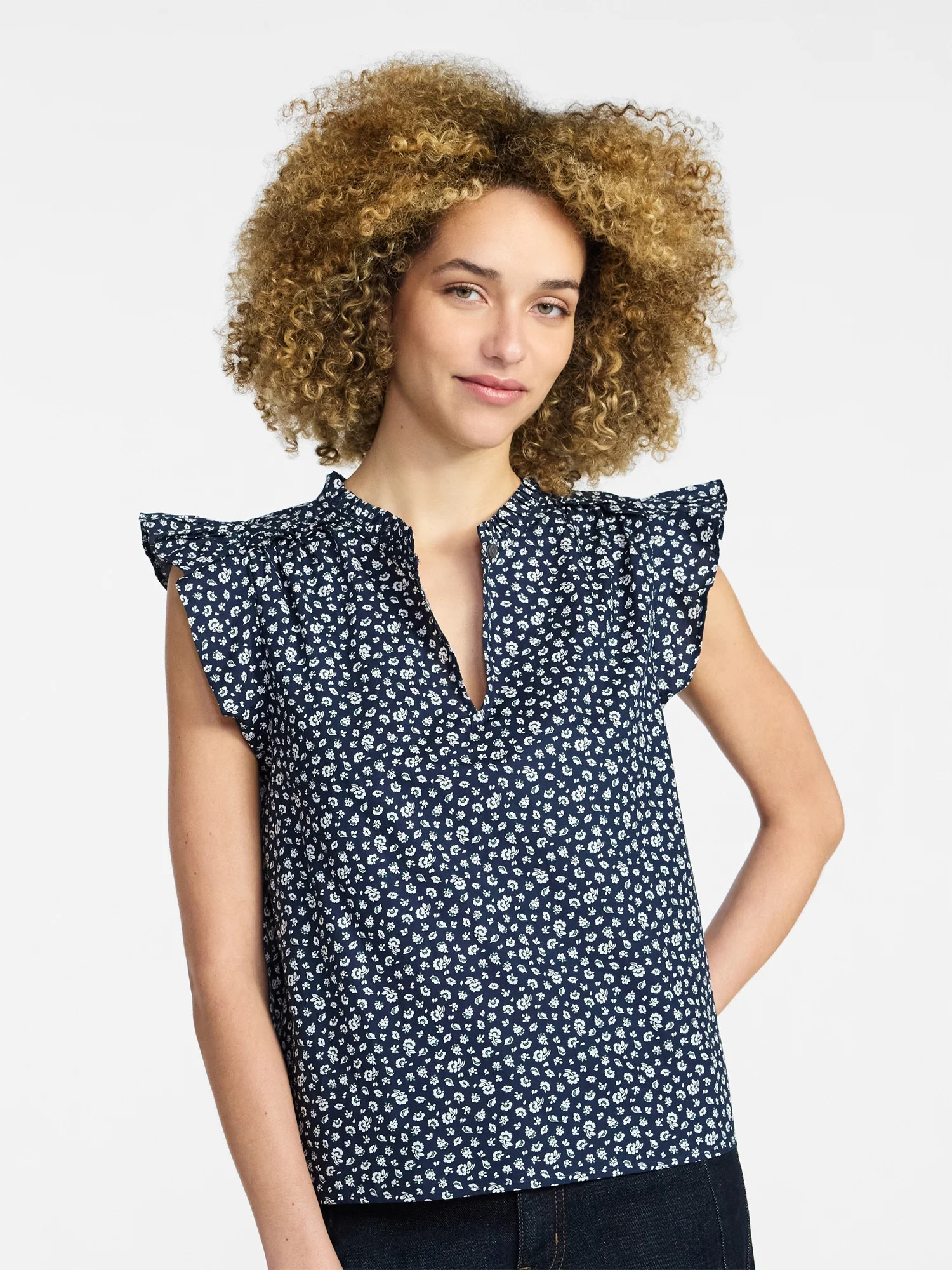 Time and Tru Women's Cotton Split Neck Top with Flutter Sleeves, Sizes XS-XXXL | Walmart (US)