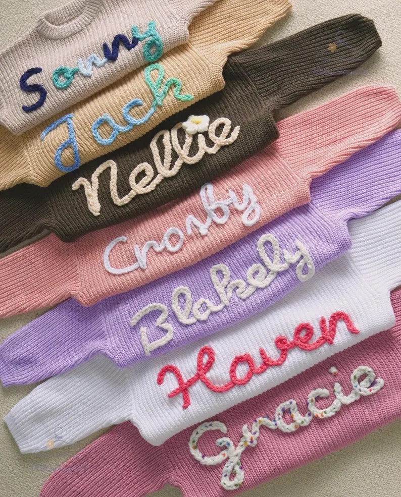 Personalized Hand Embroidered Name Baby Sweater,custome Knit Sweater,pink Baby Girls Sweater With... | Etsy (US)