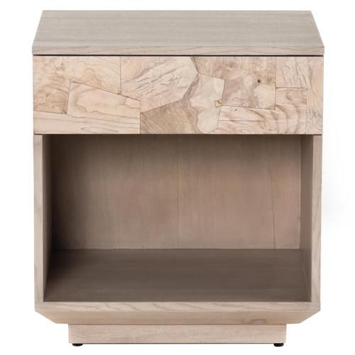 Open Box Ayden French Light Wood Bleached Burl Wood 1 Drawer Nightstand | Kathy Kuo Home