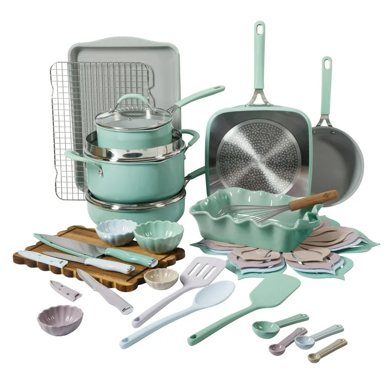 The Pioneer Woman Ceramic Nonstick Cookware and Bakeware Set, Sutton 34-Piece, Green | Walmart (US)