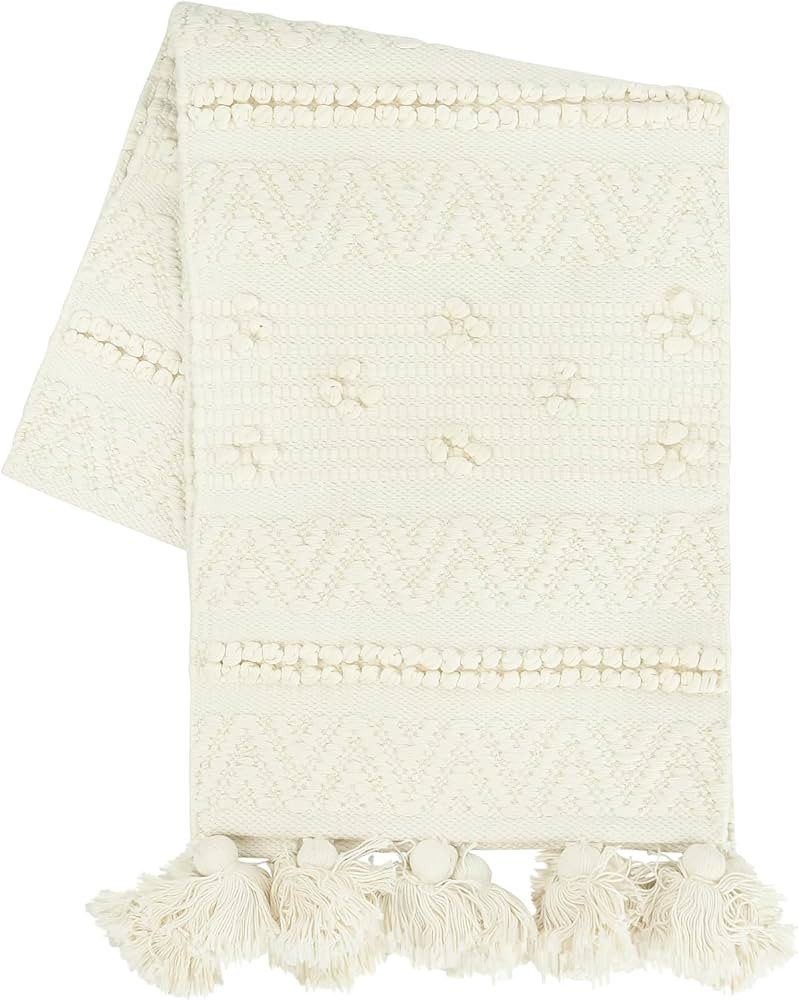 Creative Co-Op 72" Woven Cotton Textured Poms & Tassels Table Runner, Cream | Amazon (US)