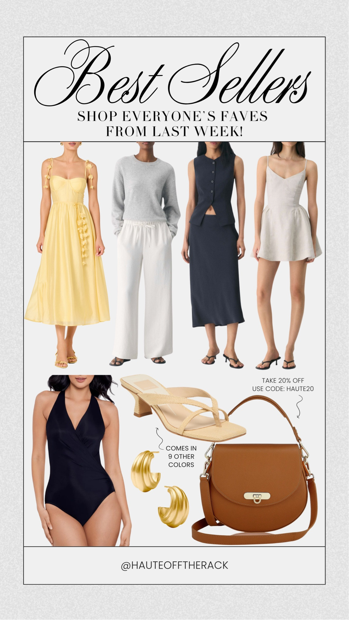 Best sellers from last week! Take 20% off my  Sophia handbag with code HAUTE20

#summerdress #whitedress #vest #swimwear #blackswimsuit #julievos #yellowdress #heels #giginewyork

#LTKSaleAlert #LTKSeasonal