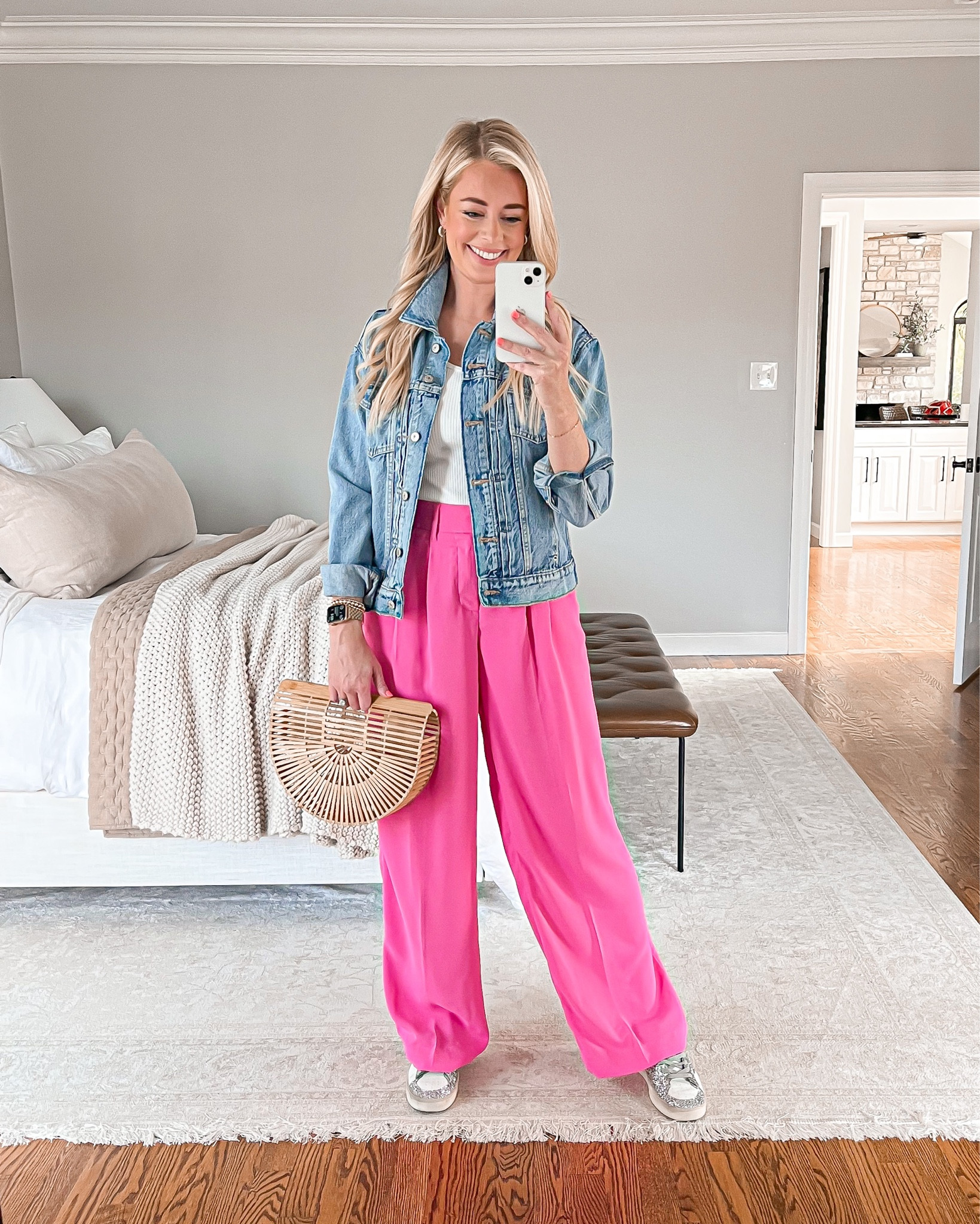 Wearing a small in denim jacket, medium in tank (sized up) & 4 in pants 

Casual outfit, trouser pants, spring outfit, wide leg pants 

#LTKSeasonal #LTKstyletip #LTKFind