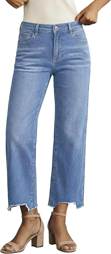 luvamia Straight Leg Jeans for Women Cropped Trendy Mid Rise Baggy Loose Distressed Casual Raw He... | Amazon (US)