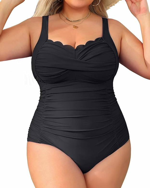 Aqua Eve Women Plus Size Swimsuits One Piece Tummy Control Bathing Suits Retro Scalloped Twist Fr... | Amazon (US)