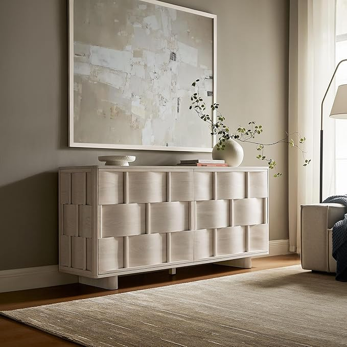 Modway Foundry 71 Inch Woven Design Wood Sideboard Buffet Cabinet in White Wash – Modern Creden... | Amazon (US)