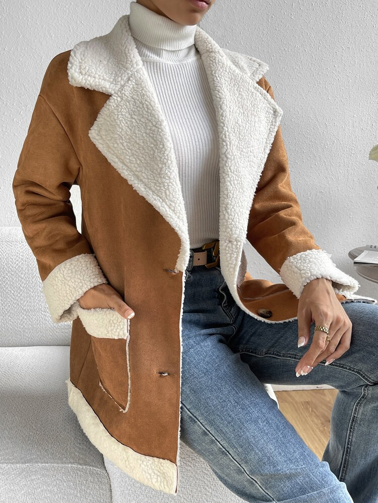 Lapel Neck Teddy Lined Suedette Coat | SHEIN