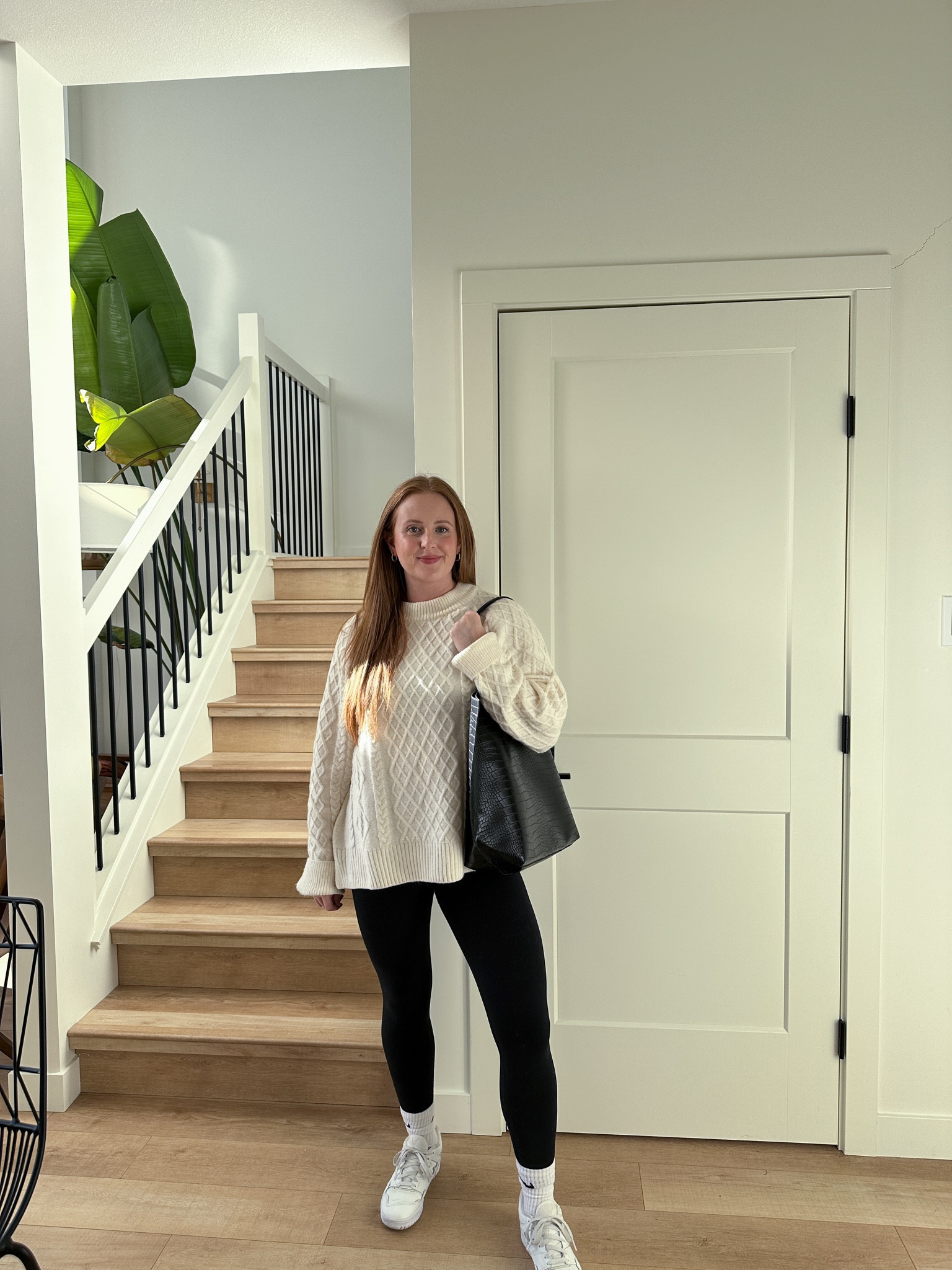 Casual fall outfit. Leggings, cable knit sweater and sneakers. 

#LTKstyletip #LTKmidsize #LTKSeasonal