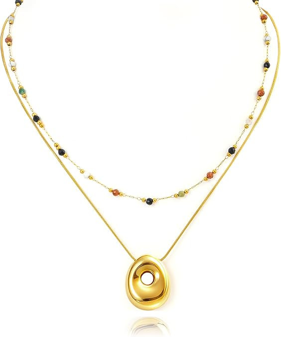 Boho Layered Necklaces for Women Colorful Beaded Choker Gold Irregular Oval Pendant Set Trendy Mi... | Amazon (US)