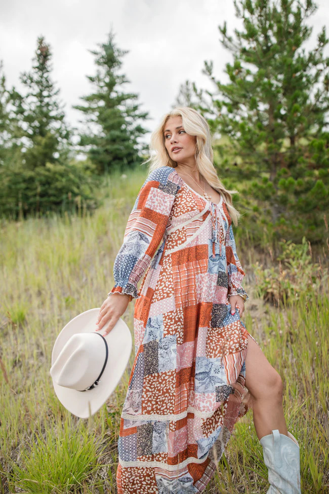 Autumn Attitude Patchwork Long Sleeve Maxi Dress | Pink Lily