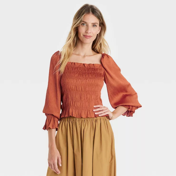 Women's Puff Long Sleeve Slim Fit Smocked Top - A New Day™ | Target