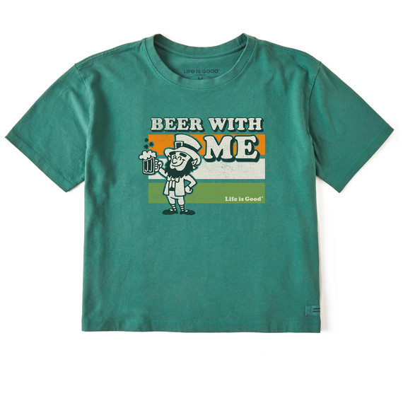 Life is Good Women's Leprechaun Beer with Me Short Sleeve Crusher Boxy T-Shirt in Spruce Green Size Medium | 100% Cotton | Life is Good