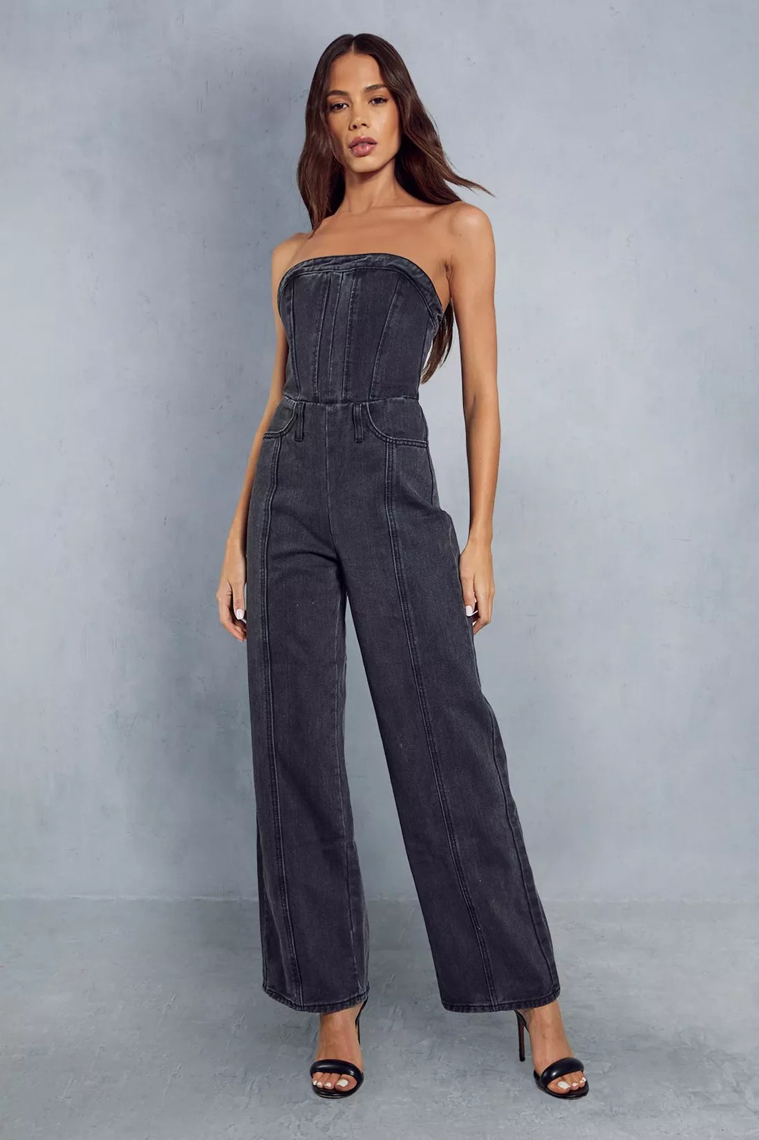Jumpsuits | Bandeau Denim Wide Leg Jumpsuit | MissPap | Miss Pap UK