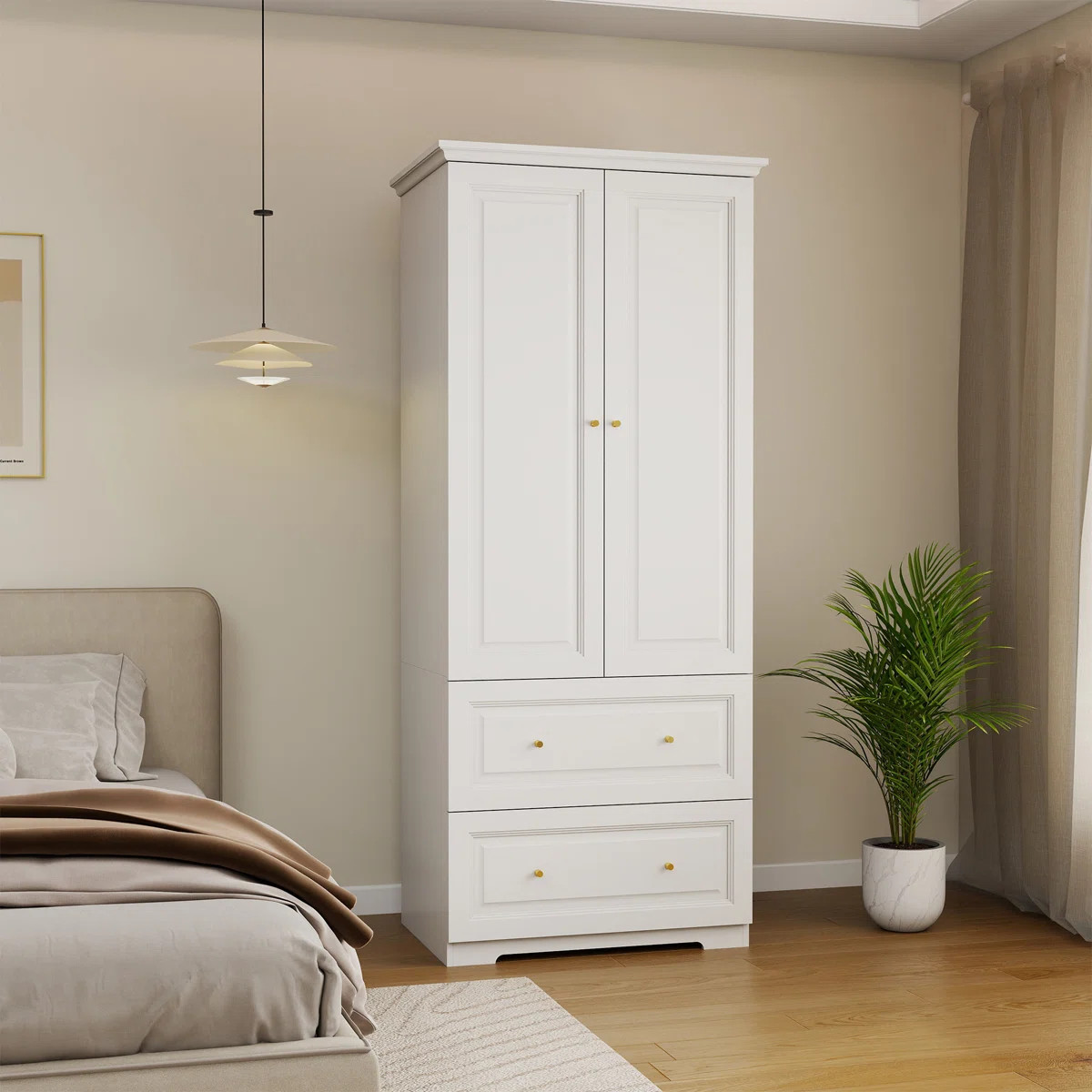 Freestanding Wooden Wardrobe Armoire with 2 Drawers | Wayfair North America