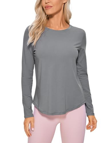 CRZ YOGA Pima Cotton Workout Long Sleeve Shirts for Women Athletic Crewneck Yoga Casual Tops Plain T-Shirt Lava Smoke Grey X-Small | Amazon (US)