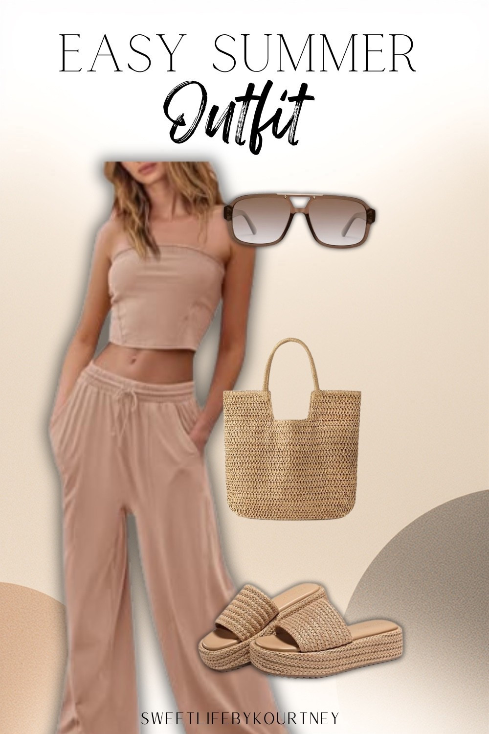 Amazon summer outfit you can throw on and still look put together — a soft matching set, woven tote, platform slides, and sunglasses for an easy neutral look. Perfect for vacation travel days, beach errands, coffee runs, resort lounging, or casual summer weekends.
#SweetLifeByKourtney #AmazonFashion #SummerOutfit #MatchingSet 

 #LTKootd #LTKSeasonal #LTKTravel