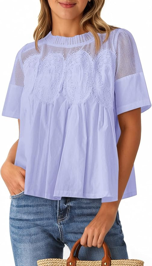 Cicy Bell Womens Babydoll Lace Blouses Short Sleeve Ruffle Crew Neck Peplum Tops Dressy Casual Lo... | Amazon (US)