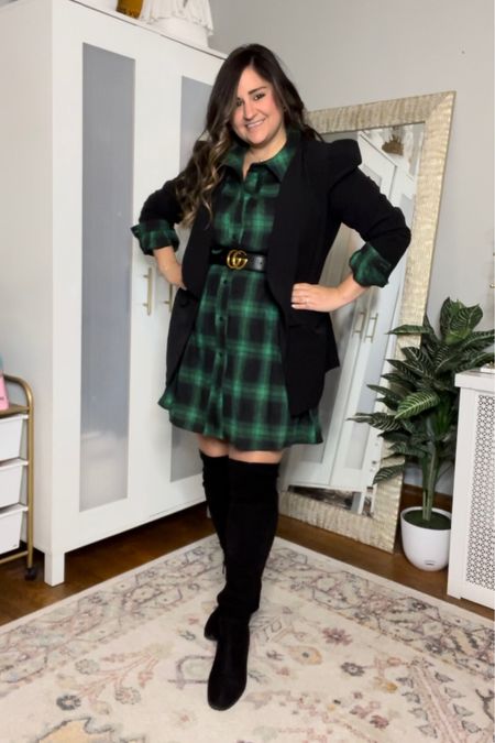 Wearing an XL in the dress but needed my usual L
Wearing an XL in the black blazer
Boots are TTS

Fall outfit, amazon outfit, amazon blazer, plaid dress, green dress, holiday dress, black boots, knee high boots 

#LTKSeasonal #LTKHoliday #LTKcurves