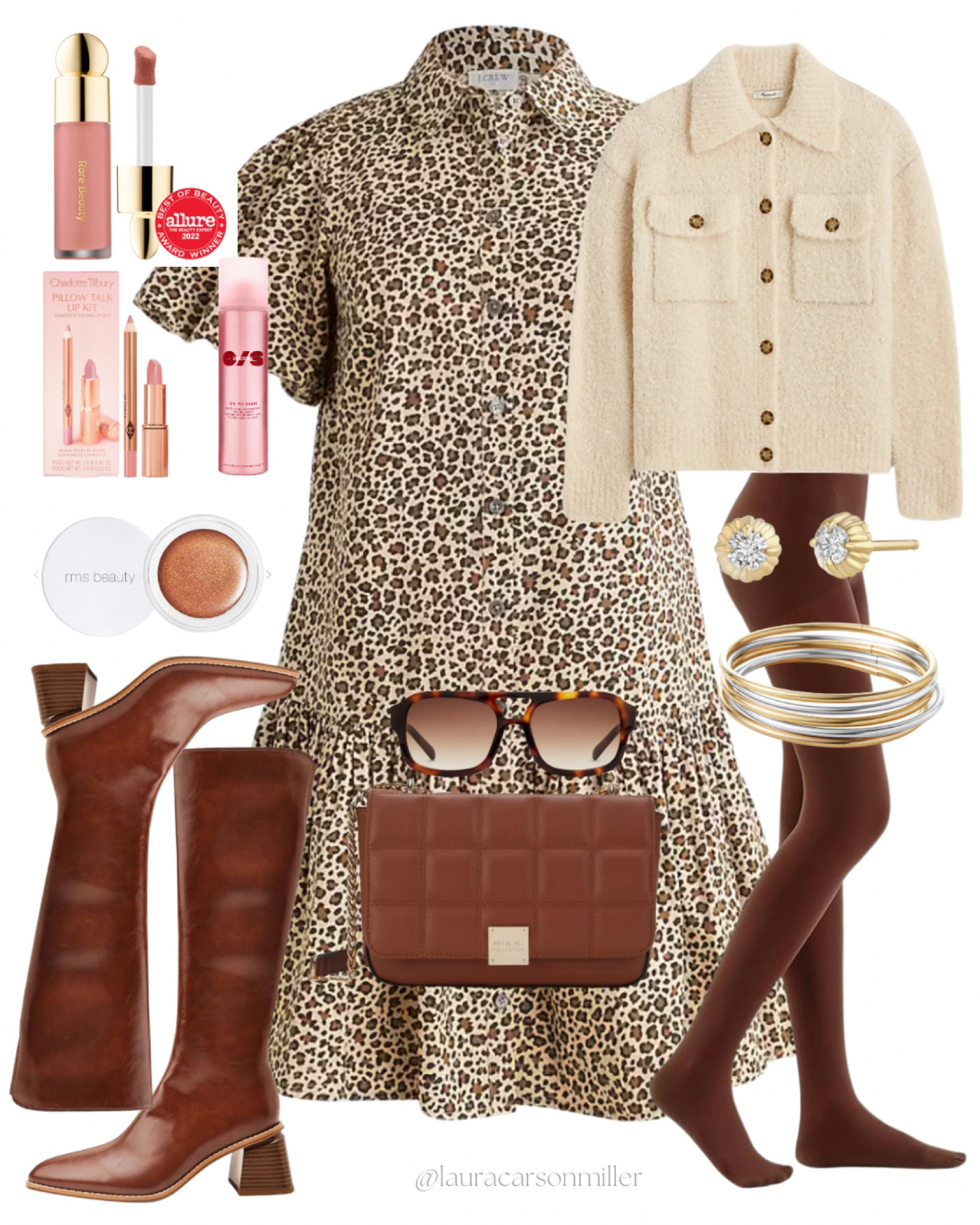 This is the best dress and it’s on sale right now ($69.50!) plus there is an offer code for you to get an extra 20% off a $125 purchase when you click on the product link! It can still be a little chill as we go into spring do add a pair of tights and a cozy sweater with this dress and you are all set. I love the liquid blush linked here and this lipstick and liner set is a color that truly flatters all skin tones. 
Laura carson miller, leopard print dress, bubble dress, neutral makeup, tall boots, sale alert!, gold and silver jewelry, it bag, style tips, Valentine’s Day outfit, work outfit, date night outfit 

#LTKFindsUnder100 #LTKSaleAlert #LTKStyleTip