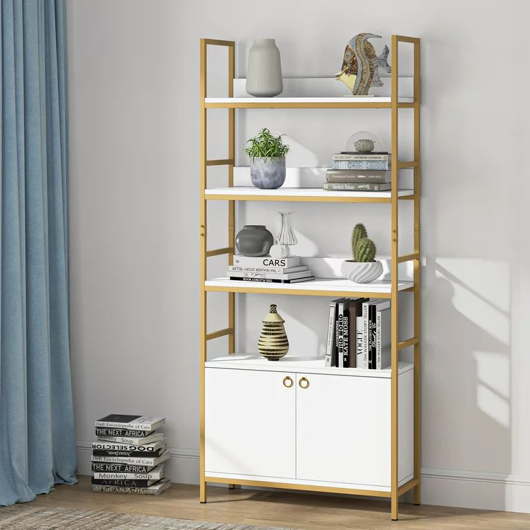 TribeSigns Gold Bookcase with Doors, 4-Tier White Etagere Standard Bookshelf with Storage Cabinet... | Walmart (US)