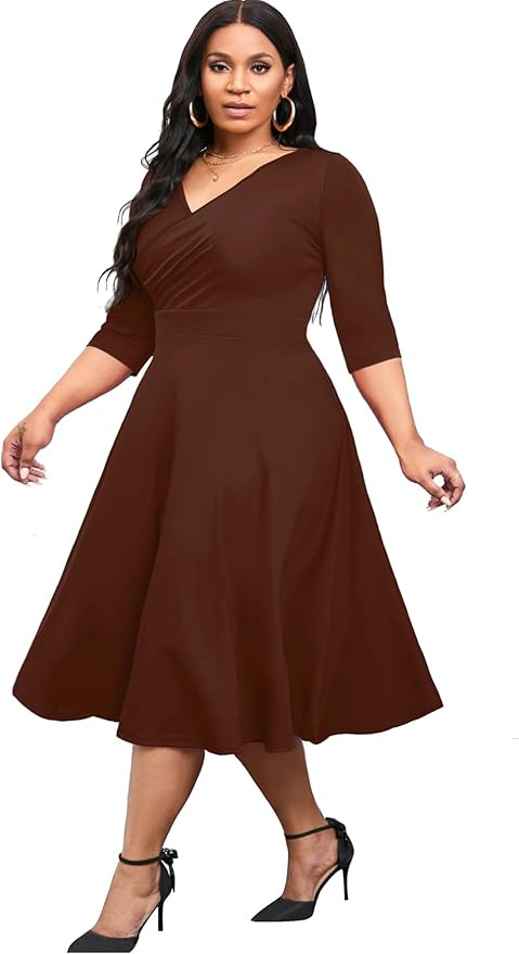 CLOCOR Women's Plus Size Midi Dress 3/4 Sleeve A-Line Swing Dress V Neck Flowy Casual Dresses | Amazon (US)