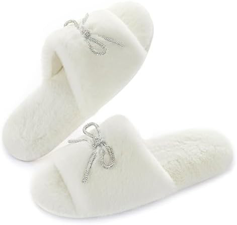 ULTRAIDEAS Women's Fuzzy Rhinestone Bowknot Open-Toe Slippers, Bride and Bridesmaid Slides for We... | Amazon (US)