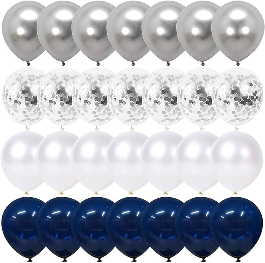 Navy Blue and Silver Confetti Balloons 50 pcs, 12 inch White Pearl and Silver Metallic Chrome Par... | Amazon (US)