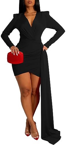 HugeNice Black Cocktail Dress for Women Elegant Formal Long Sleeve Wrap Mini Dress Sexy Deep V Neck Evening Club Party Dresses | Amazon (US)