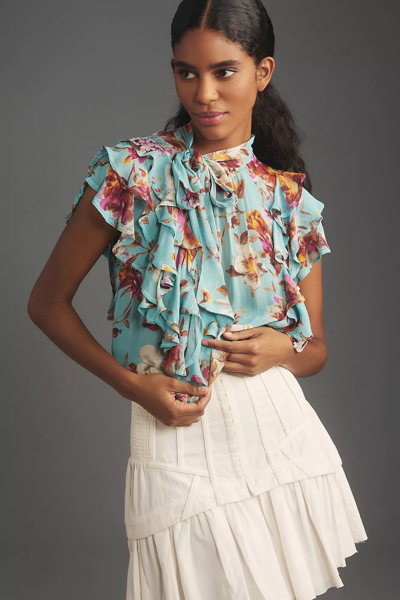 By Anthropologie Tie-Neck Sheer Ruffled Blouse | Anthropologie (US)