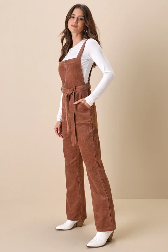 Retro Impulse Brown Corduroy Overall Flare-Leg Jumpsuit | Lulus