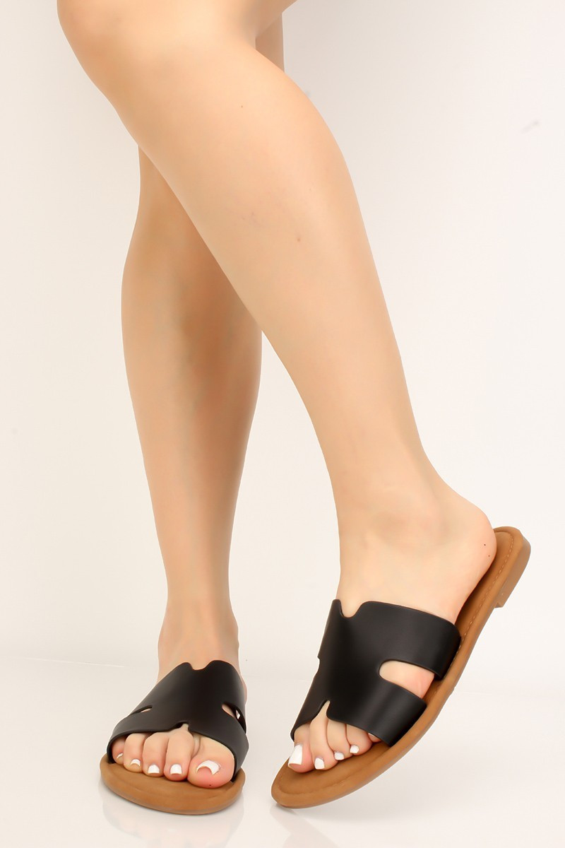 Black Faux Leather Slip On Sandals | Ami Club Wear