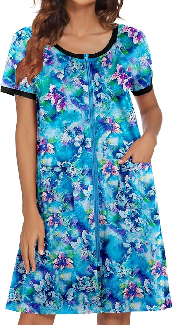 Ekouaer Women Zipper Front House Coat Short Sleeves Robe Zip Up Bathrobes Short Nightgown with Po... | Amazon (US)