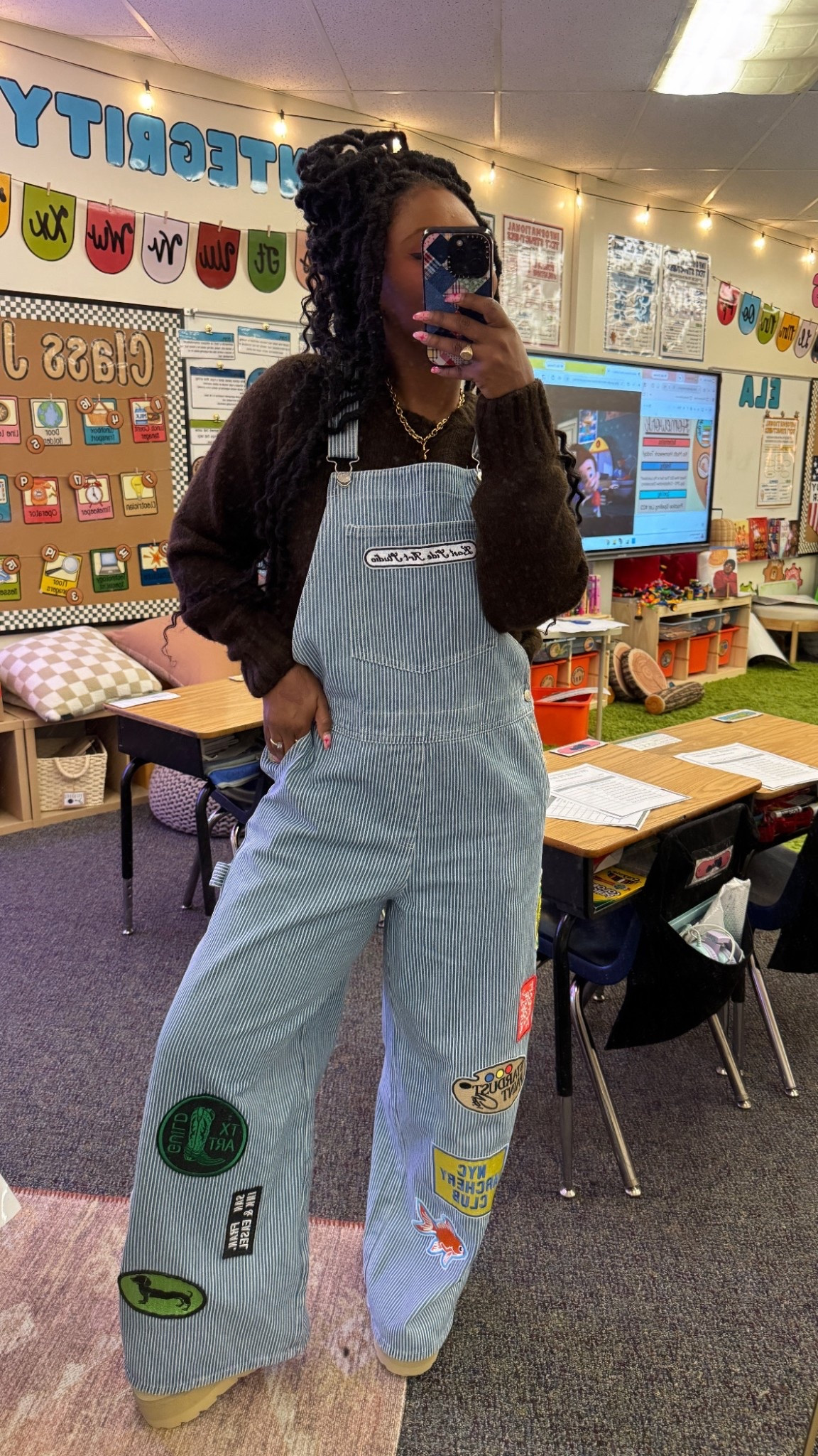 Wednesday! 
Overalls: Dressed in Lala: Lala Art Studio Patched Wide Leg Overalls - Medium (Absolutely needed a small) 
Sweater: Smalll

#LTKdayinmylife #LTKgrwm #LTKootd