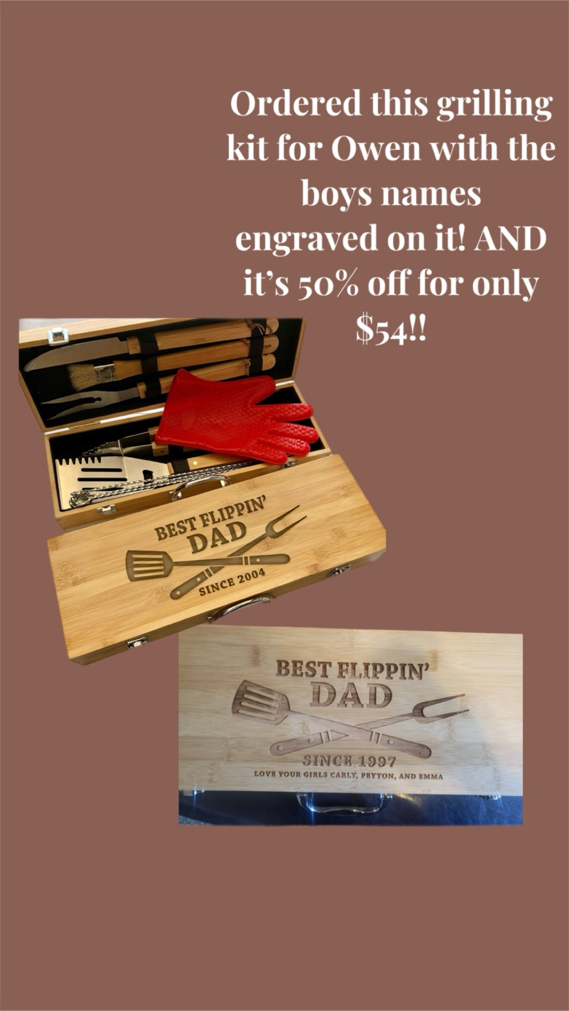 Personalized engraved wooden grilling kit for dad
Father’s Day gift 