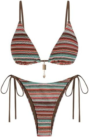 ZAFUL Crochet Bikini Sets for Women Cheeky Boho Bathing Suits Striped Brazilian High Cut Thong Bi... | Amazon (US)