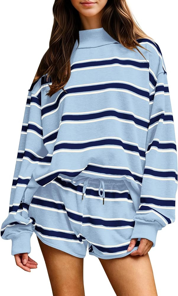 Women Striped 2 Piece Set Oversized Sweatshirt Shorts Outfits | Amazon (US)