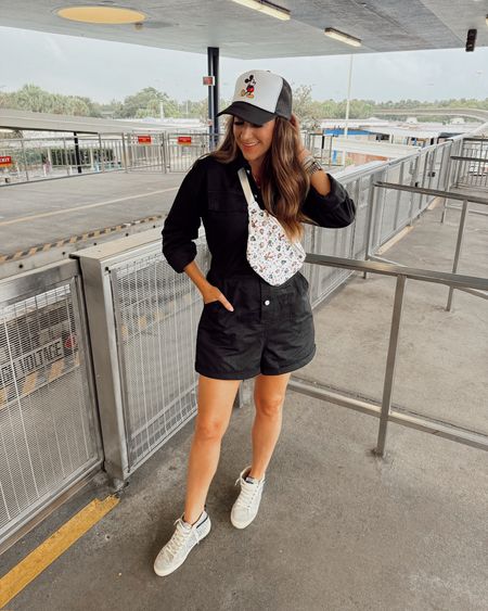 In a medium long sleeve button down romper, Disney Mickey diy hat with patch, Disney Fanny pack, gg sparkly sneakers - all fits TTS.

#LTKstyletip #LTKshoecrush #LTKHoliday