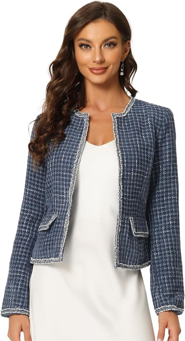 Allegra K Women's Plaid Tweed Blazer Long Sleeve Open Front Work Office Short Jacket | Amazon (US)