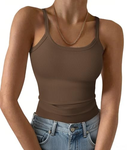GKBK Women's Tank Tops 2026 Spaghetti Strap Ribbed Knit Scoop Neck Sleeveless Shirts Summer Casual Basic Tanks Brown S | Amazon (US)