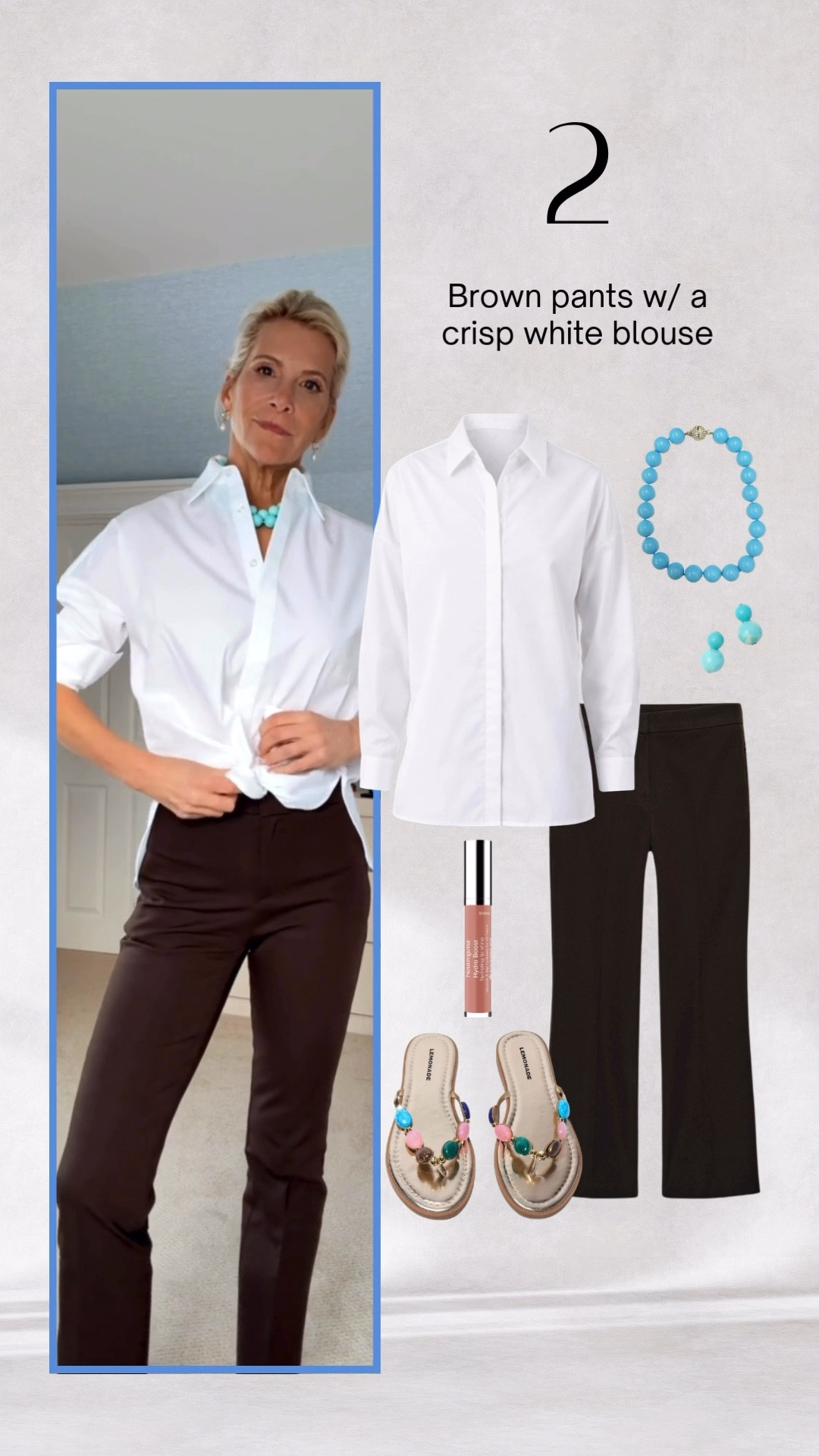 Elevated casual look with brown pants and crisp white shirt for summer days. 

#LTKOver40 #LTKootd #LTKSeasonal