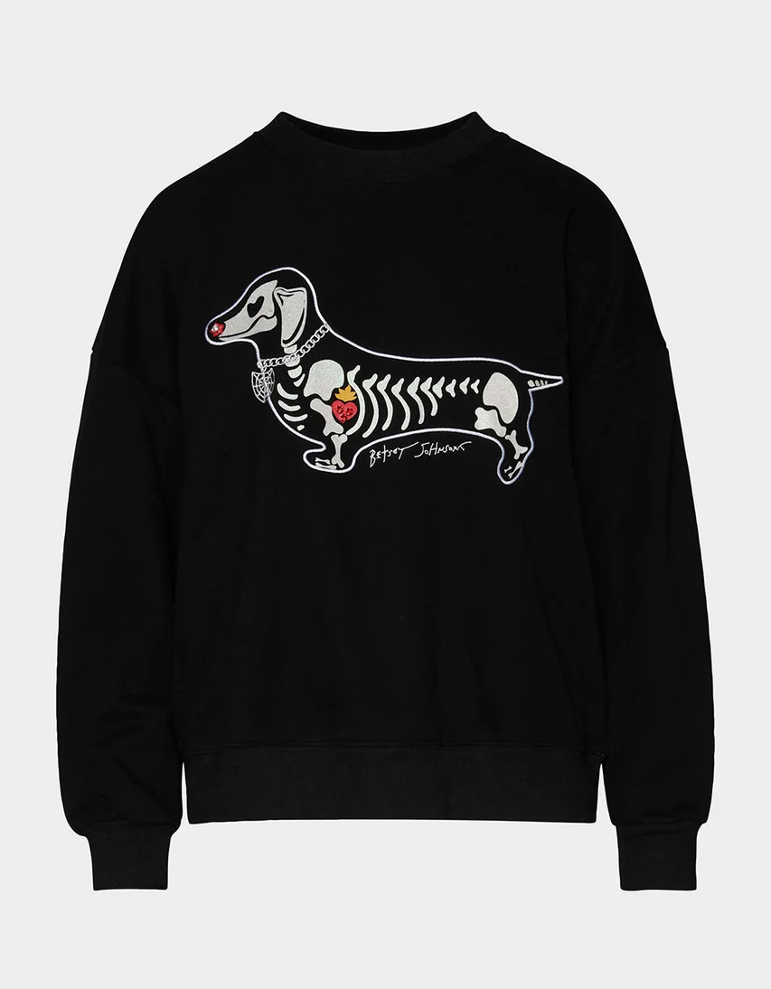 HALLOWEENIE SWEATSHIRT BLACK | HALLOWEEN SKELETON DACHSHUND LONG SLEEVE SWEATSHIRT | Betsey Johnson