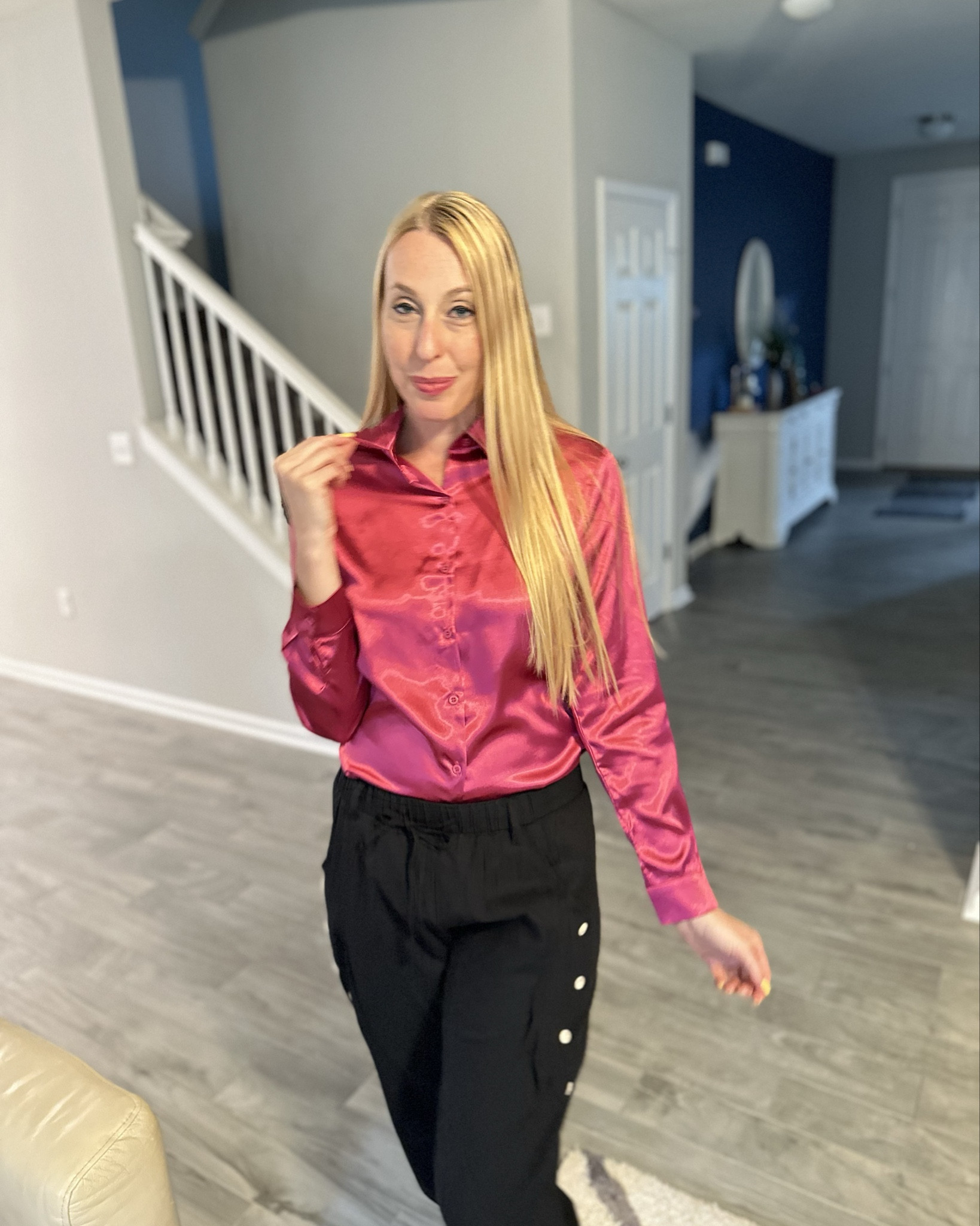 Silky Button Up Blouse
💖 super pretty and great for wearing to the office 
💓 no stretch 
💖 wearing size smalll

#LTKVideo #LTKFindsUnder50 #LTKStyleTip