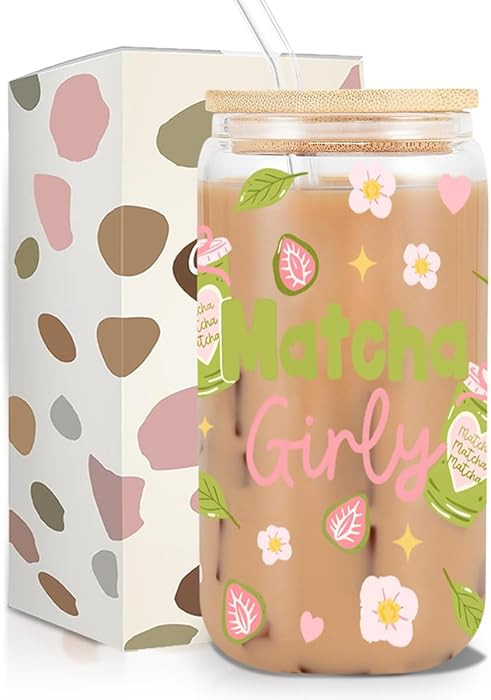 Cute Matcha Girly Glass Cup, Matcha Lovers Gift, Kawaii Glass Tumbler, 16 oz Cafe Aesthetic Iced ... | Amazon (US)