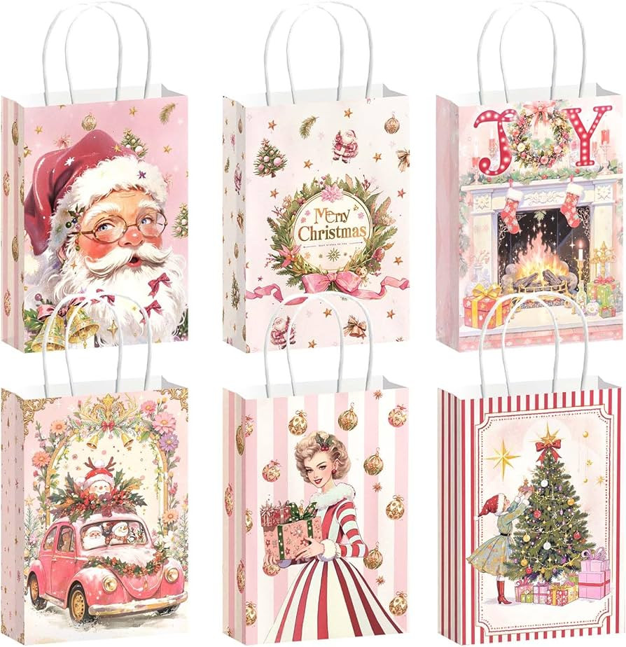 NICROHOME EUR Small Pink Christmas Gift Bags 24 Pack - 6x8 Inch Kraft Paper Favor Bags with Handl... | Amazon (US)