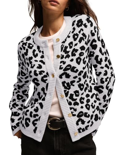 DURUNUL Women Leopard Print Cardigan Open Front Button Down Sweater Long Sleeve Cotton Knit Fall Clothes Outerwear Coats White | Amazon (US)