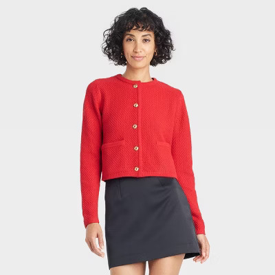 Women's Ribbed Cuff Button-Front Cardigan - A New Day™ Red S | Target