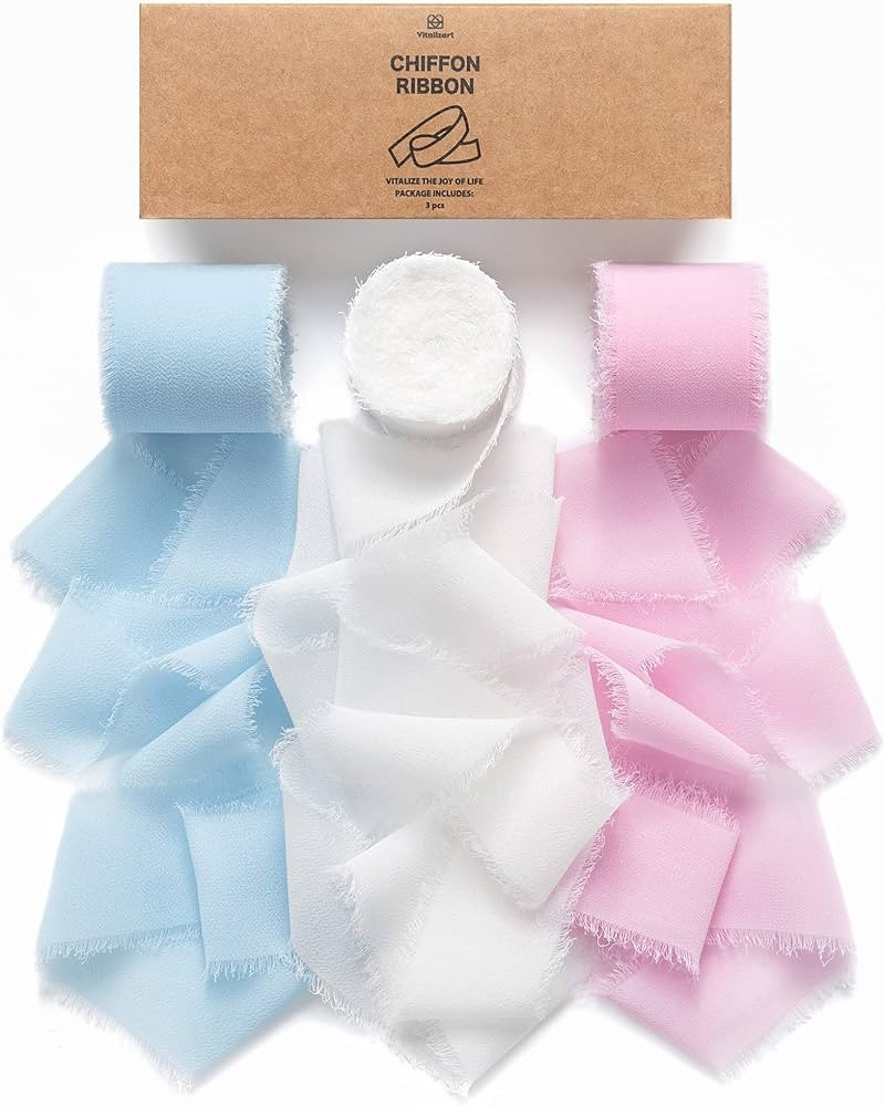 Vitalizart Chiffon Silk Ribbon 1.5" x 21Yd Handmade Frayed Edge Pink Blue Ribbons for Gift Wrappi... | Amazon (US)